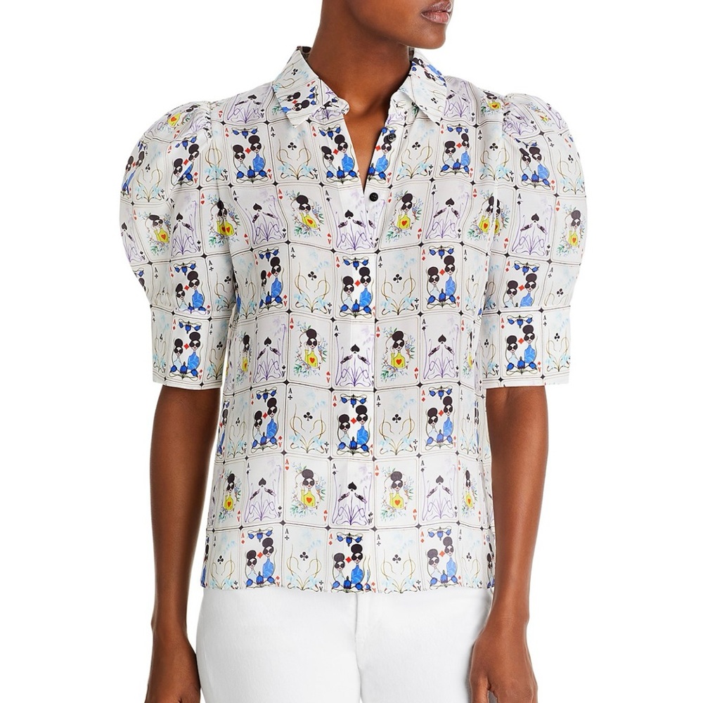 Alice & Olivia Willa Printed Silk Puff Sleeve Top